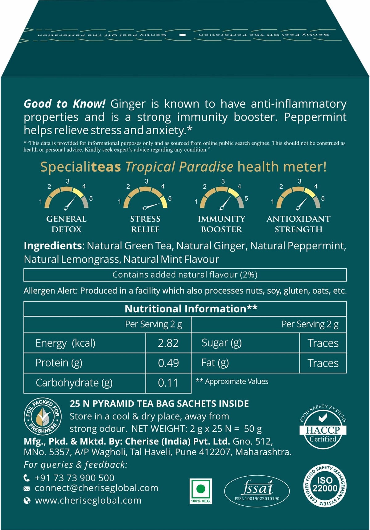 Cherise Specialiteas Tropical Paradise Ginger Mint Herbal Green Tea (2 g x 25 Pyramid Tea Bags)