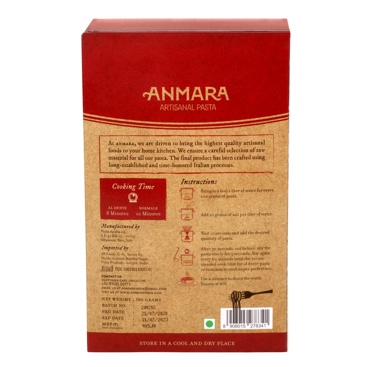 Anmara Artisanal Pasta, Organic Torchietti, Hard Durum Wheat, 500 g