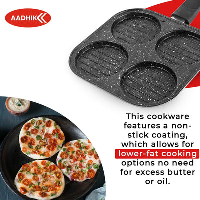 AADHIK Non-Stick Grill Pan Mini Pan Uttapam Tawa Aluminum Multi Snack Maker 4 Cavity, Pancake Maker (Black)