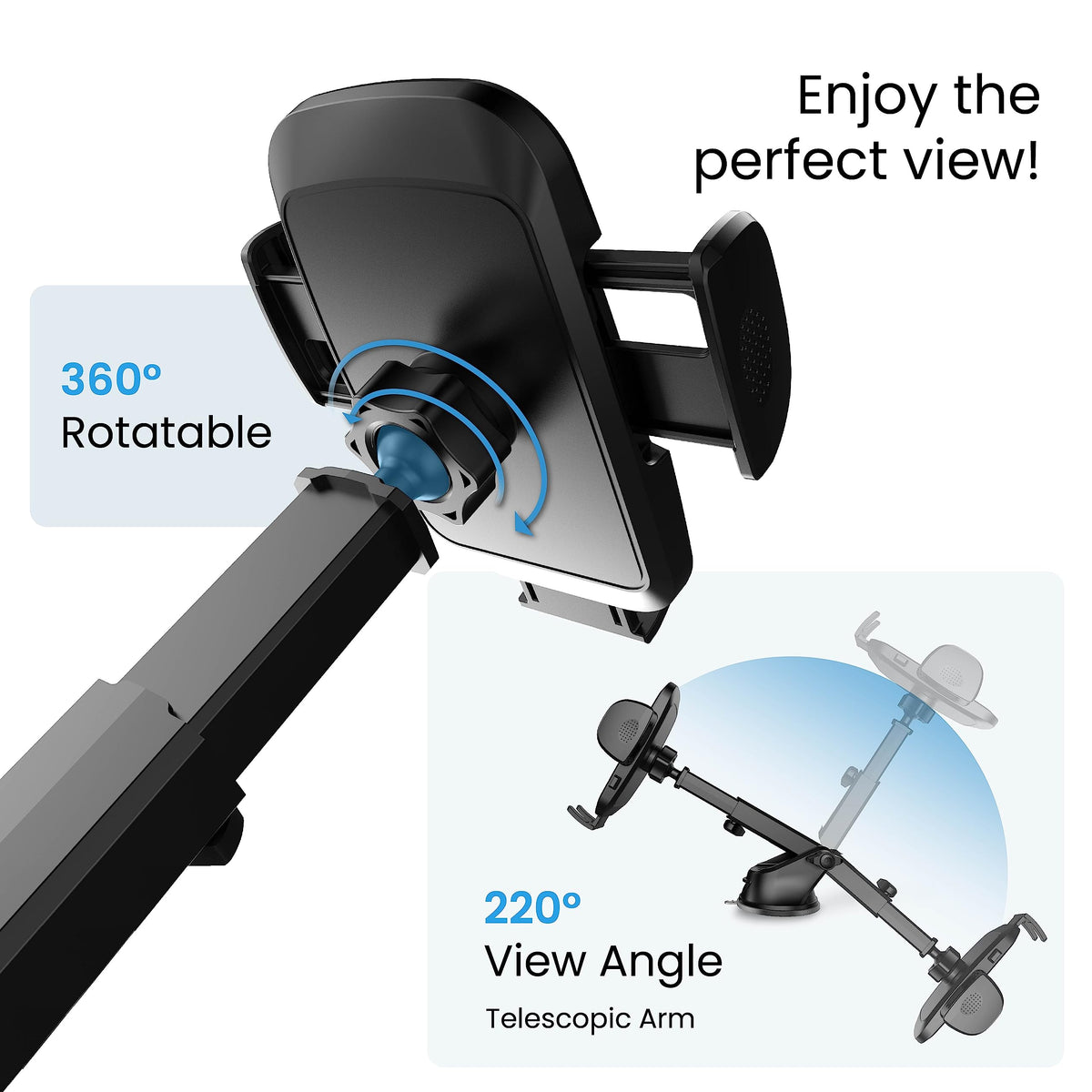 Ambrane Car Mobile Holder with Adjustable Side Arm for Smartphones, Mobile Holder Mount for Dashboard 360° Rotational, Strong Suction Cup, Compatible with 4 to 7-inch Devices (Grip Stand)