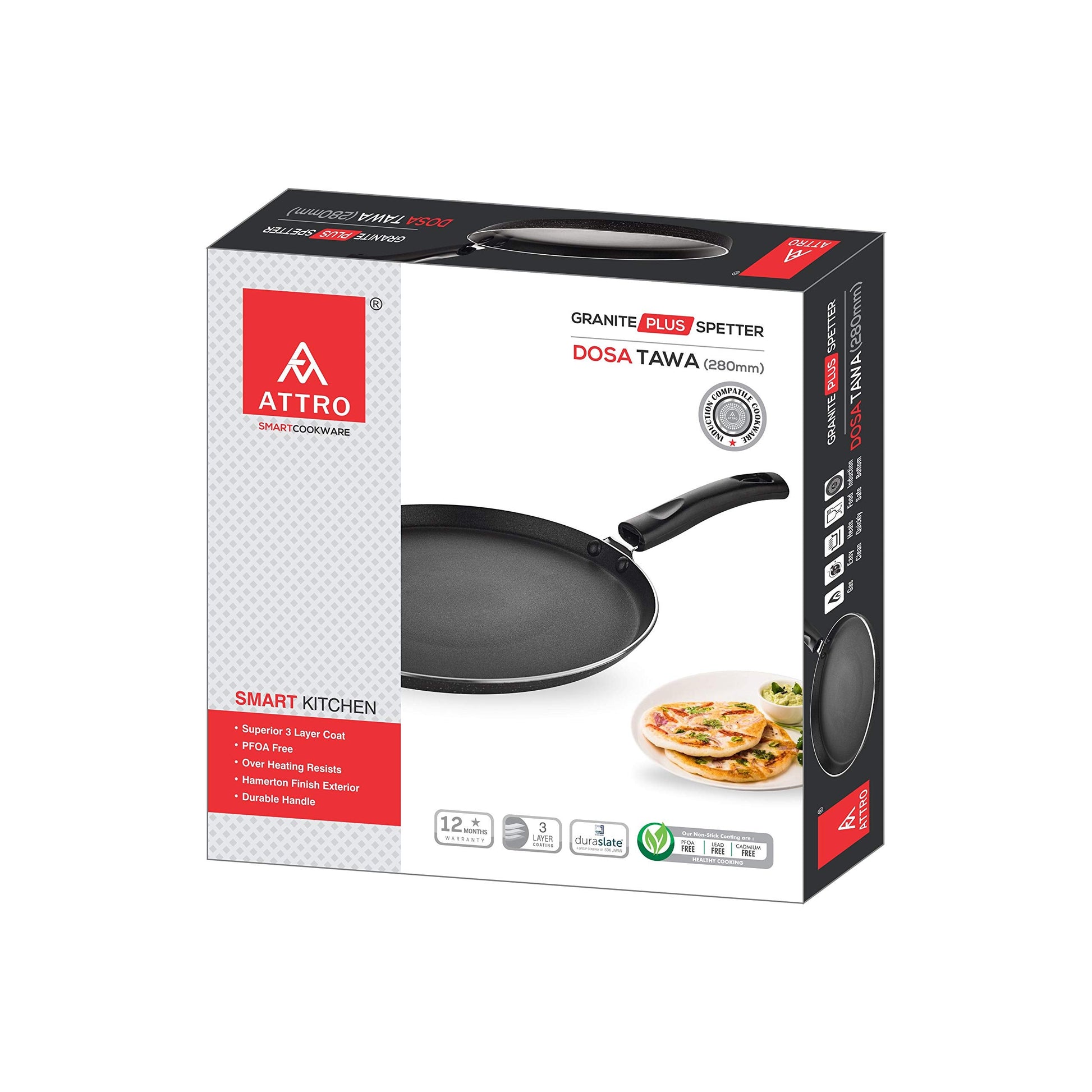 Attro Non-Stick Aluminium Gas Stove & Induction Compatible Dosa Tawa 28 Cm, Marble Grey