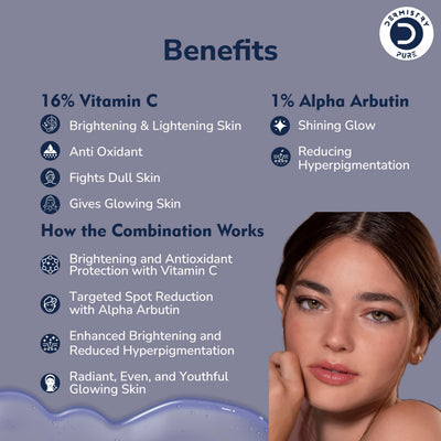 Dermistry 16% Vitamin C 1% Alpha Arbutin Skin Lightening Brightening Instant Glowing Fairness Face Serum Removes Pigmentation Dull Skin Dark Spots Corrects Radiance Sun Damage Repair 30 ml