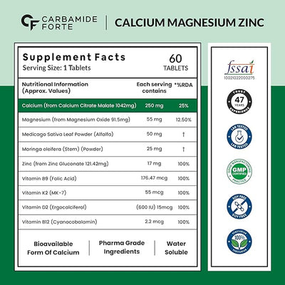Carbamide Forte Calcium & Vitamin D3 Tablets | Calcium Tablets for Women & Man | Calcium Magnesium Zinc Tablets | Bone Health & Joint Support - 60 Calcium Tablets for Man