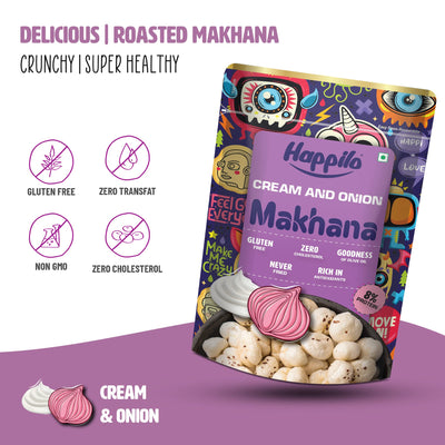 Happilo Premium Super Snack Makhana Cream & Onion 60g (Pack Of 3), Roasted Foxnut Healthy Snack Low Calorie Gluten Free and Vegan