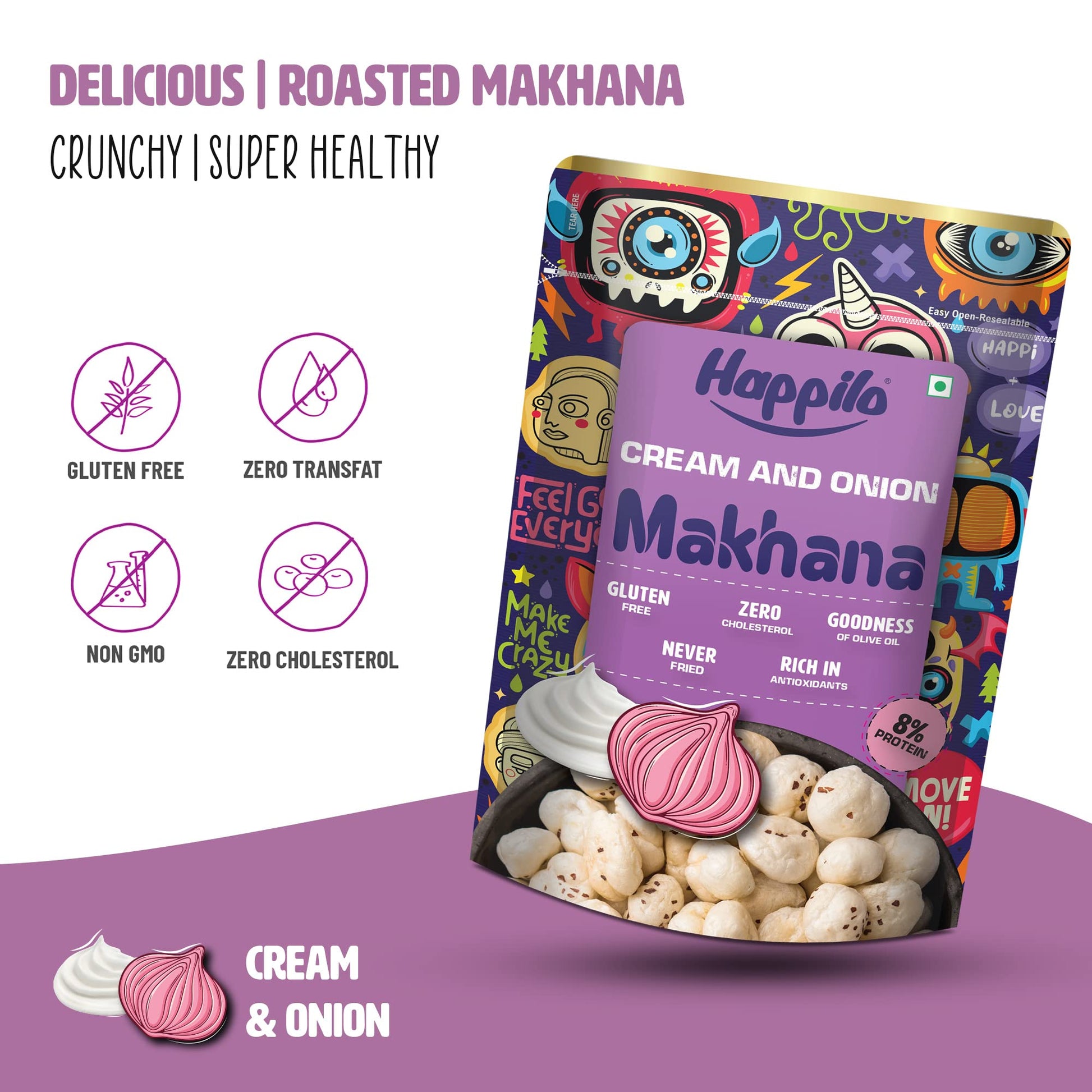 Happilo Premium Super Snack Makhana Cream & Onion 60g (Pack Of 3), Roasted Foxnut Healthy Snack Low Calorie Gluten Free and Vegan