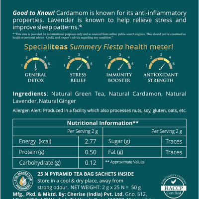 Cherise Specialiteas Summery Fiesta Cardamom Lavender Herbal Green Tea (2 g x 25 Pyramid Tea Bags)
