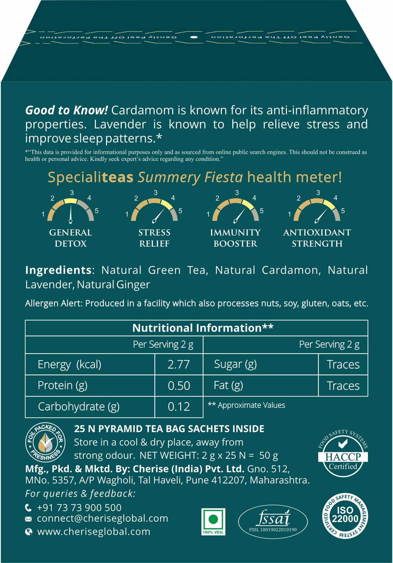 Cherise Specialiteas Summery Fiesta Cardamom Lavender Herbal Green Tea (2 g x 25 Pyramid Tea Bags)