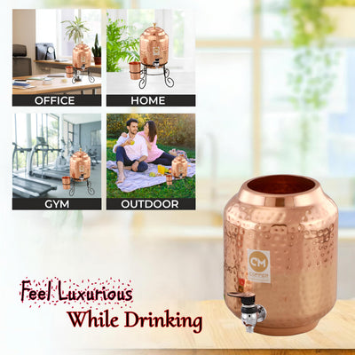 Copper-Master 5 Litre Pure Copper Hammered Water Dispenser (Matka) Container Pot with 2 Pure Copper Glasses Pure Copper and Ayurvedic Health Benefits (5000 ml + 600 ml)