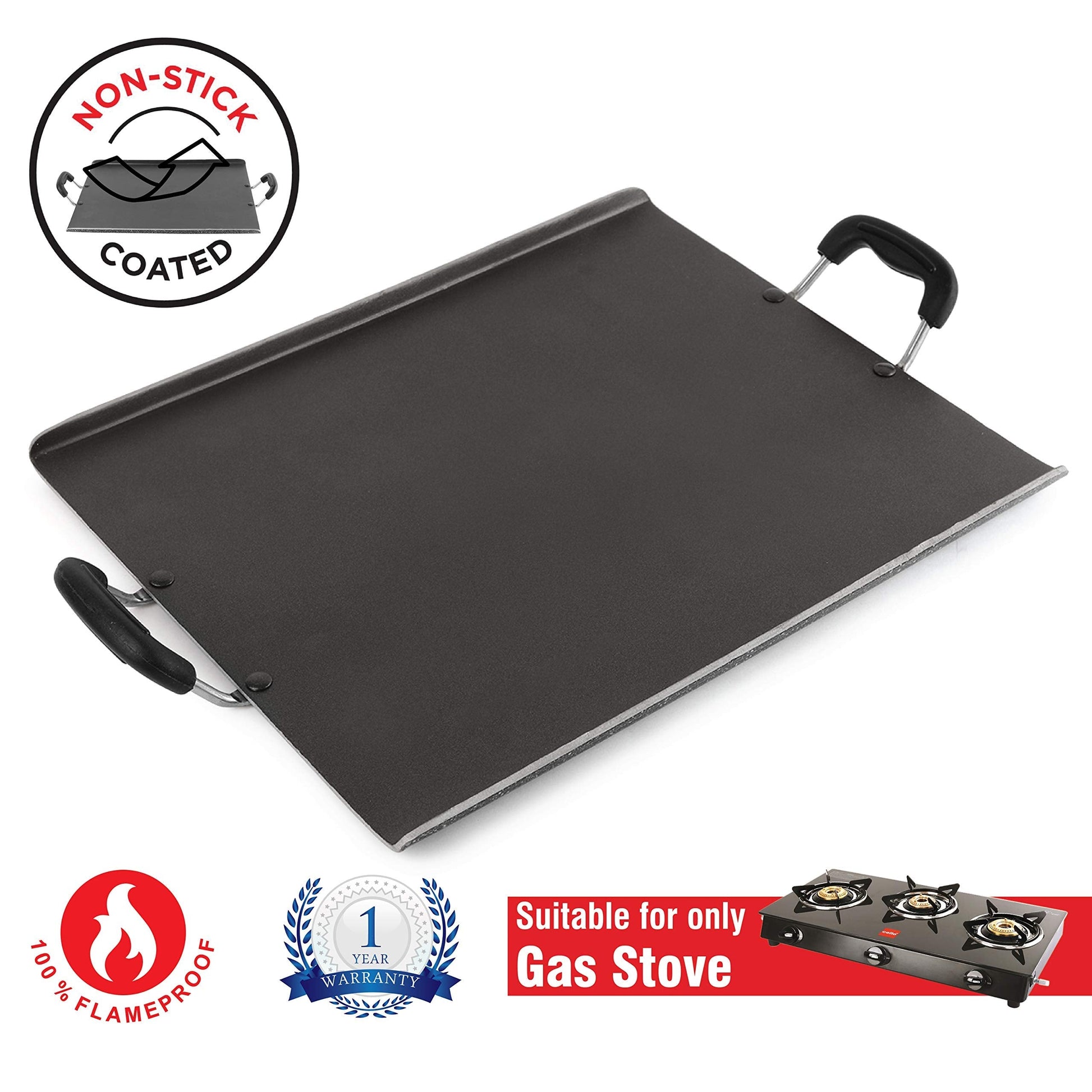Cello Non Stick Square Patri Tawa Aluminium Hammertone | Sturdy handles & Gas Stove Base Multi-Purpose Tava | Dosa,Roti,Chapati Tawa | Black