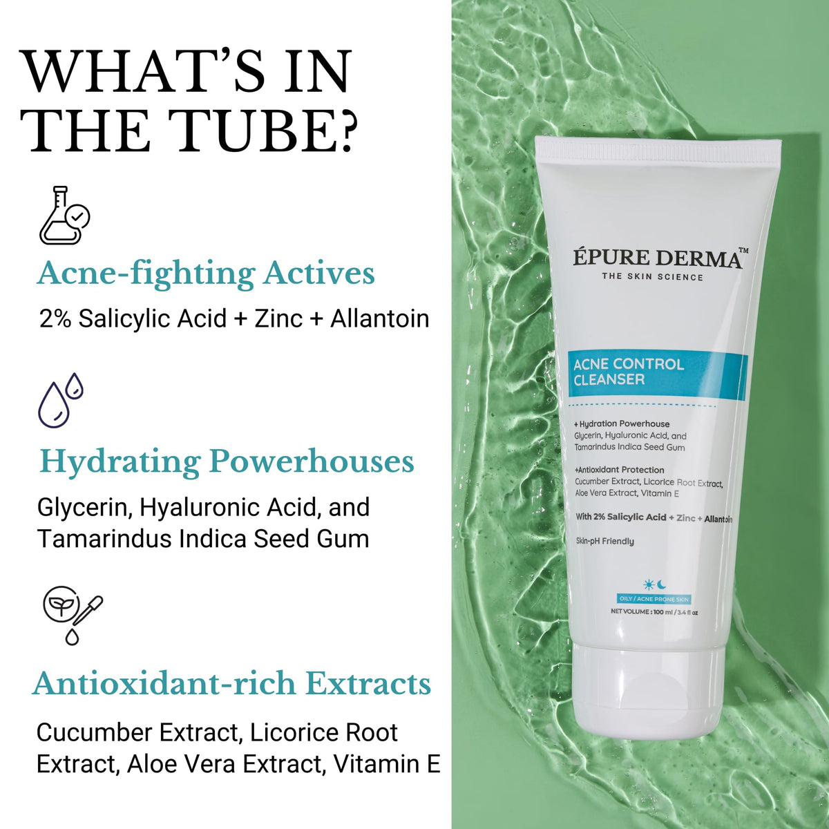 ÉPURE DERMA Anti Acne Face Cleanser with 2% Salicylic Acid + Zinc + Allantoin For Acne or Pimples | Hydrating Formula & Antioxidant Rich Face Wash For Oily Skin | Men & Women | 100 ml