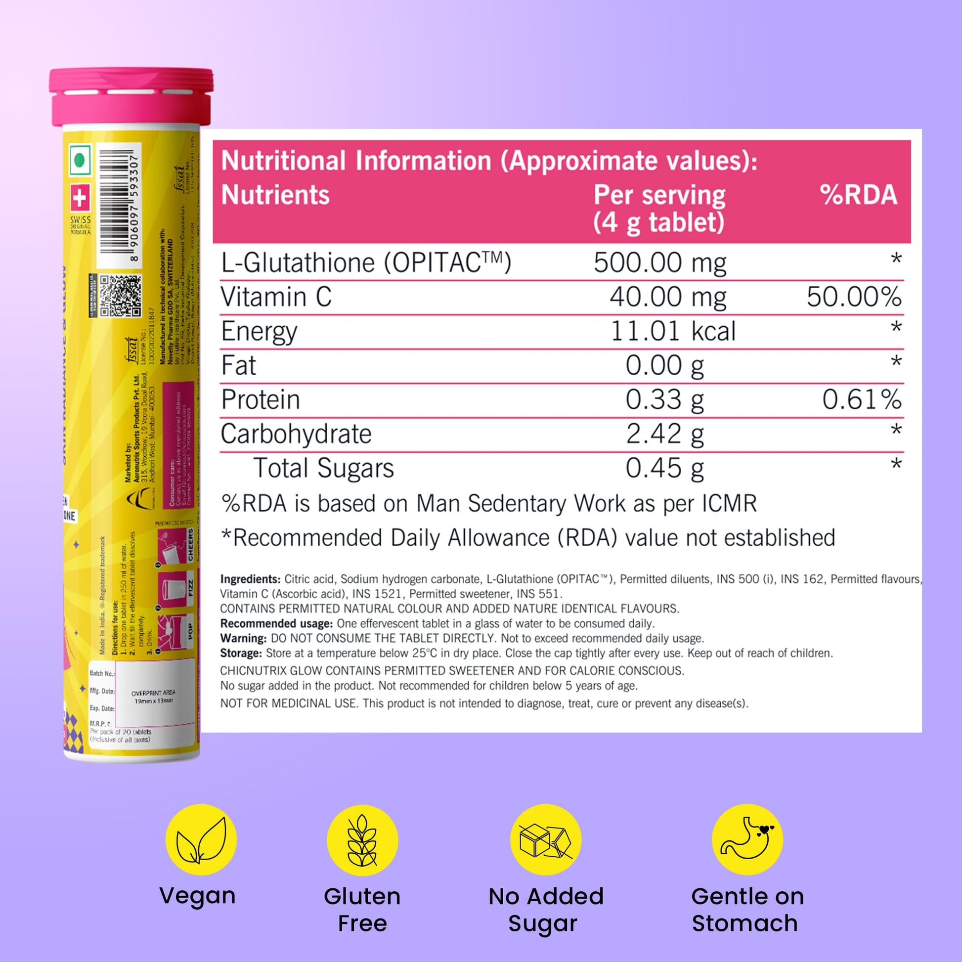 Chicnutrix Glow- 20 Effervescent Tablets| Japanese Glutathione & Vit. C| Antioxidants for clear, glowing skin| Sugar-free, Strawberry-lemon flavour
