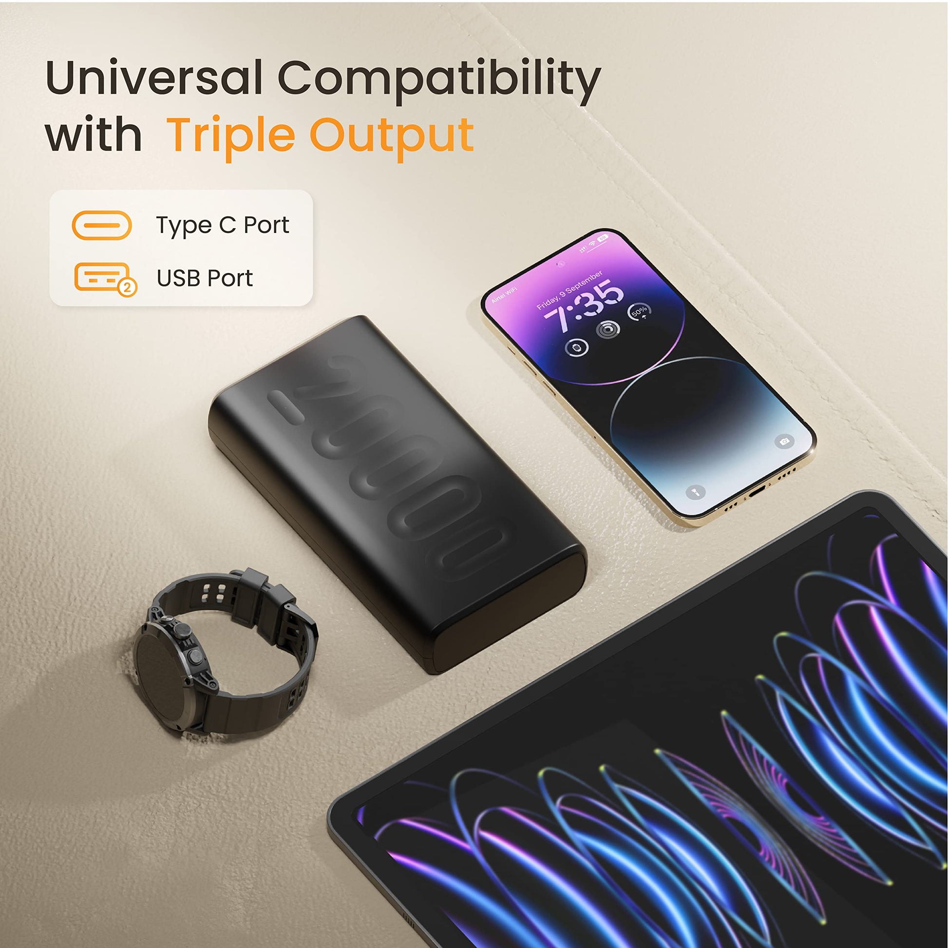 Ambrane 20000mAh Power Bank with 20W Fast Charging, Triple Output, Power Delivery, Type C Input, Made in India, Multi-Layer Protection, Li-Polymer + Type C Cable (Stylo-20k, Black)