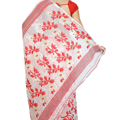 BENGAL HANDLOOM Exclusive Women's Cotton Silk Dhakai Allover Soft Jamdani Sarees (White & Red)
