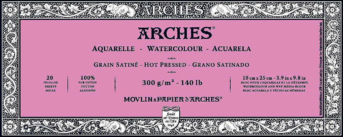 Arches Watercolour 300 GSM Hot Pressed Natural White 10 x 25 cm Paper Blocks, 20 Sheets