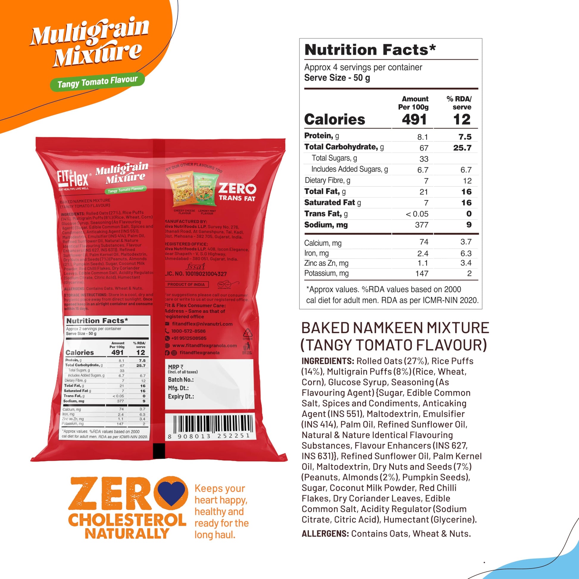 Fit & Flex Baked Multigrain Lemony Mint, Tangy Tomato & Cheesy Cheese Namkeen Mixture, Healthy Snacks With Zero Cholesterol, Tasty Party Snacks - As Seen on Shark Tank India - 100 g (Pack of 6)