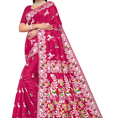 BROYAAR SHOP Jamdani Designer Cotton Blend Silk Saree for Women Without Blouse (Rani)