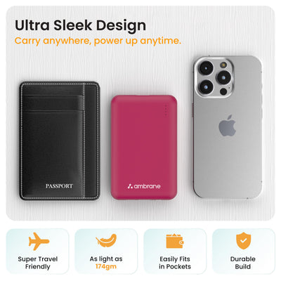 Ambrane 10000mAh Slimmest & Compact (Pocket/Bag Friendly) Powerbank, 22.5W Fast Charging, USB & Type C Output, Power Delivery, Quick Charge for iPhone, Android & Other Devices (Powerlit, Maroon)