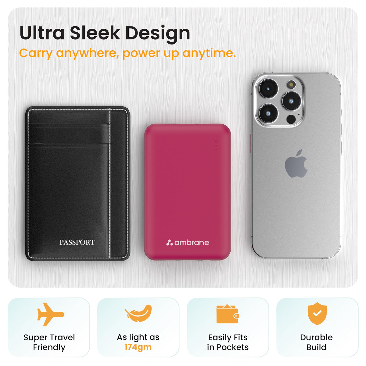 Ambrane 10000mAh Slimmest & Compact (Pocket/Bag Friendly) Powerbank, 22.5W Fast Charging, USB & Type C Output, Power Delivery, Quick Charge for iPhone, Android & Other Devices (Powerlit, Maroon)