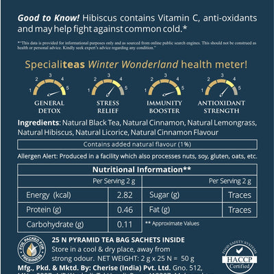 Cherise Specialiteas Winter Wonderland Hibiscus Cinnamon Herbal Black Tea (2 g x 25 Pyramid Tea Bags)