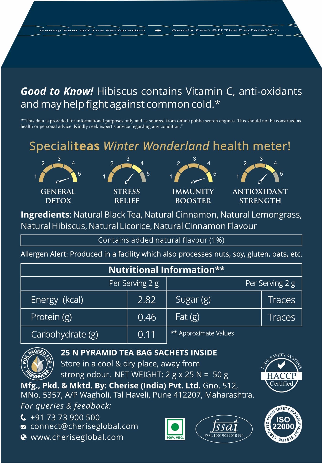 Cherise Specialiteas Winter Wonderland Hibiscus Cinnamon Herbal Black Tea (2 g x 25 Pyramid Tea Bags)