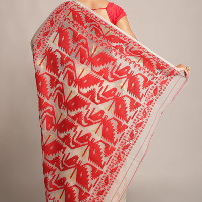 BENGAL HANDLOOM Women'S Cotton Silk Softs Dhakai Jamdani Sarees (White & Red)
