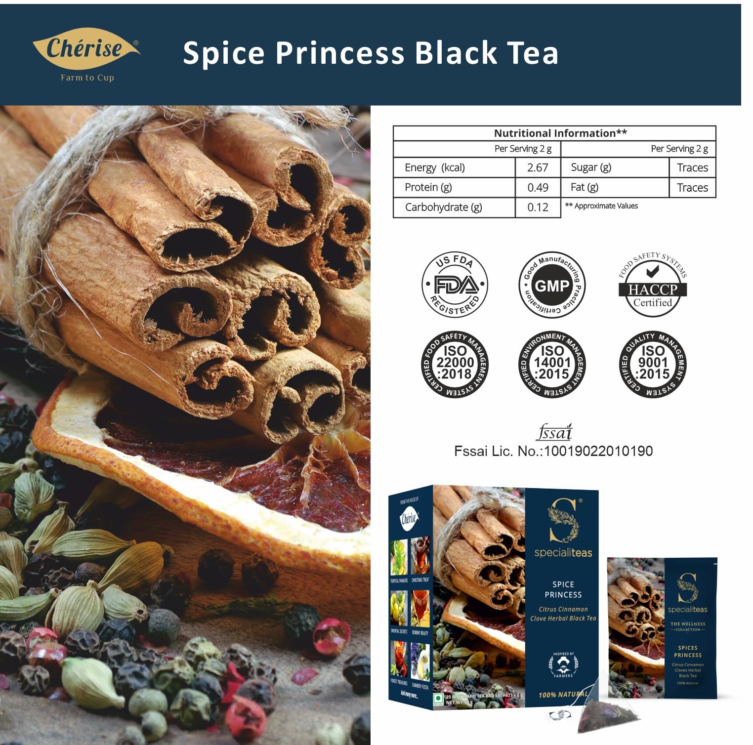 Cherise Specialiteas Spice Princess Citrus Cinnamon Clove Herbal Black Tea (2 g x 25 Pyramid Tea Bags)