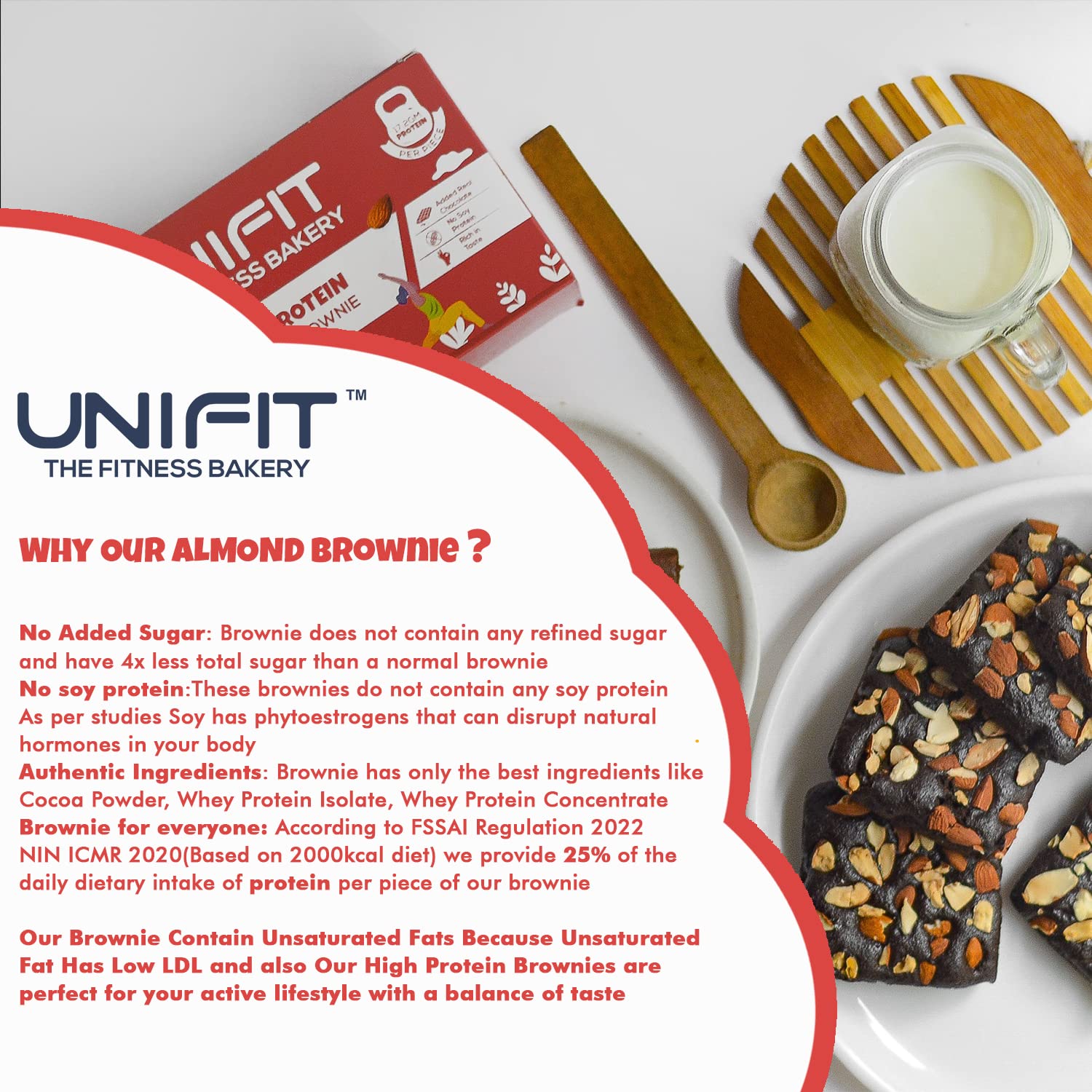 UNIFIT Delicious Ready to Eat Brownie With Almond Toppings & Rich Source of Protein & High Fiber Sugar Added | brownie cake | fudge | chocolate – 300gm (Almond)