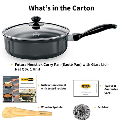 Hawkins Futura 3.25 Litre Curry Pan, Non Stick Saute Pan with Glass Lid, Deep Pan for Frying