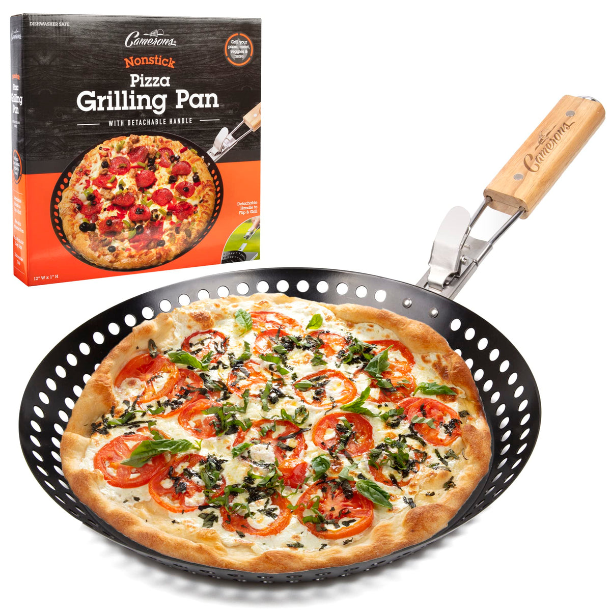 Camerons Products Non-Stick Pizza Grilling Pan with Holes, Extra High Walls & Removable Handle - Use for Vegetables, Seafood, Shish Kebab.