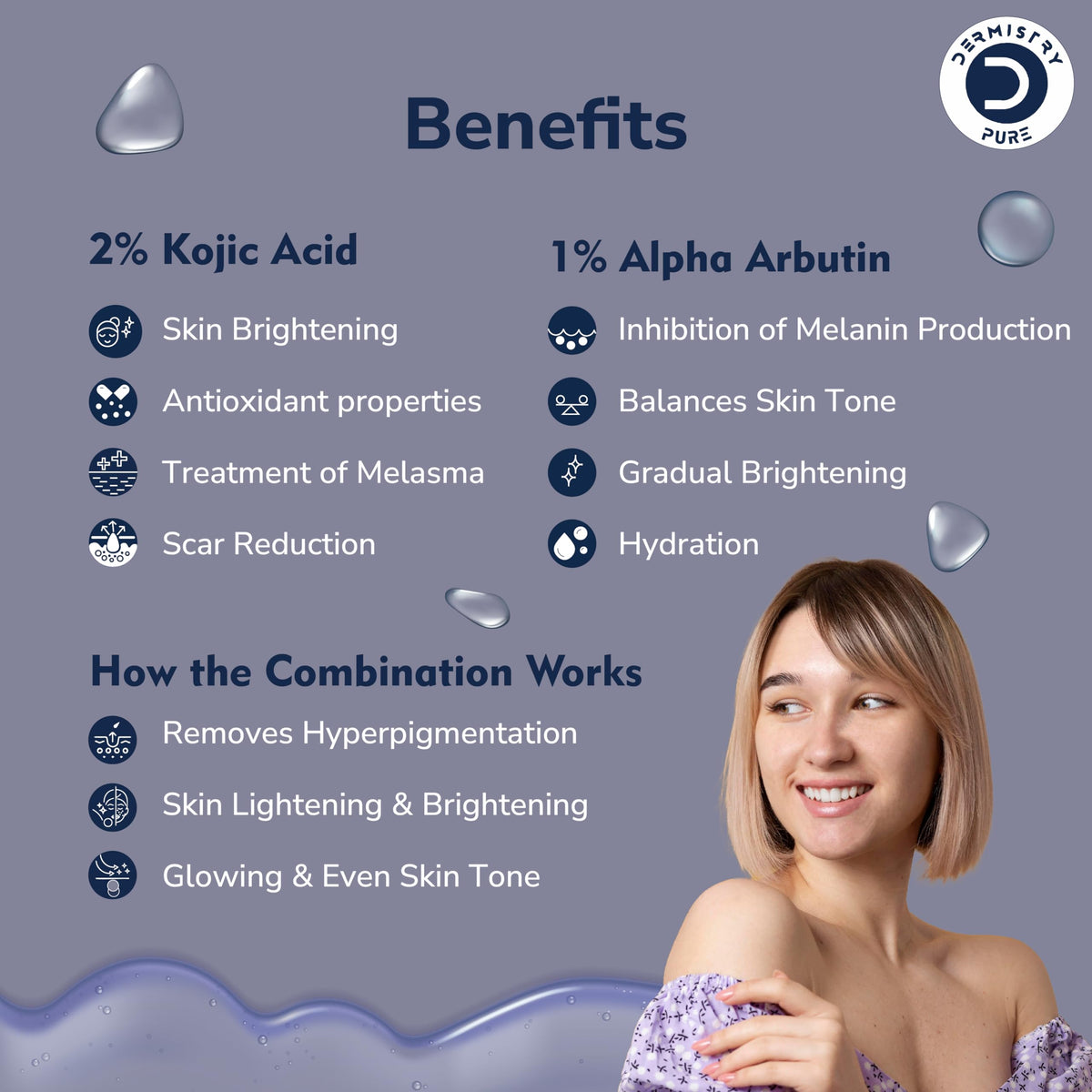 Dermistry Pure 2% Kojic Acid 1% Alpha Arbutin Skin Glowing Lightening Fairness Face Serum Removes Uneven Tone Dark Spots Pigmentation Tan & Dull Skin Suits All Skin Types 30ml