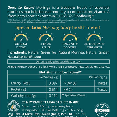 Cherise Specialiteas Morning Glory Moringa Ginger Herbal Green Tea (2 g x 25 Pyramid Tea Bags)