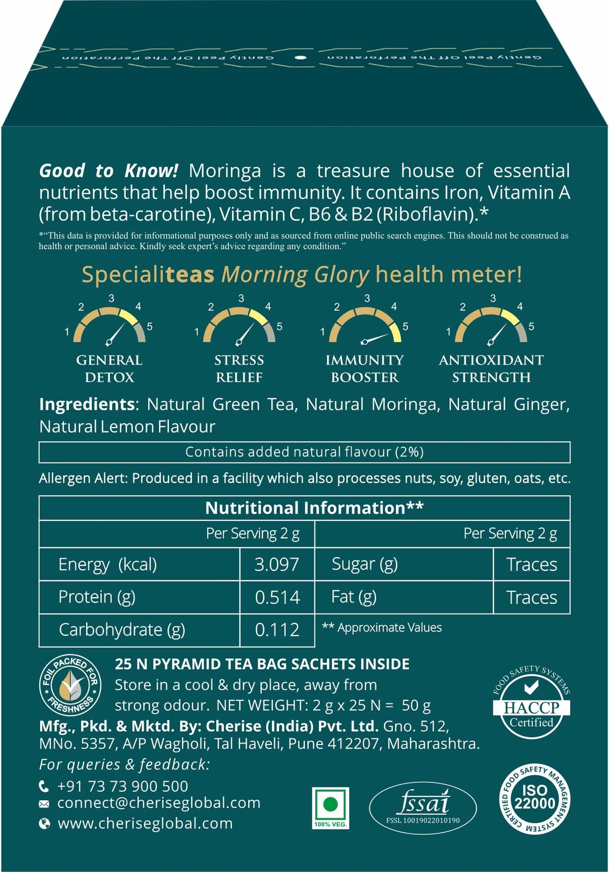 Cherise Specialiteas Morning Glory Moringa Ginger Herbal Green Tea (2 g x 25 Pyramid Tea Bags)