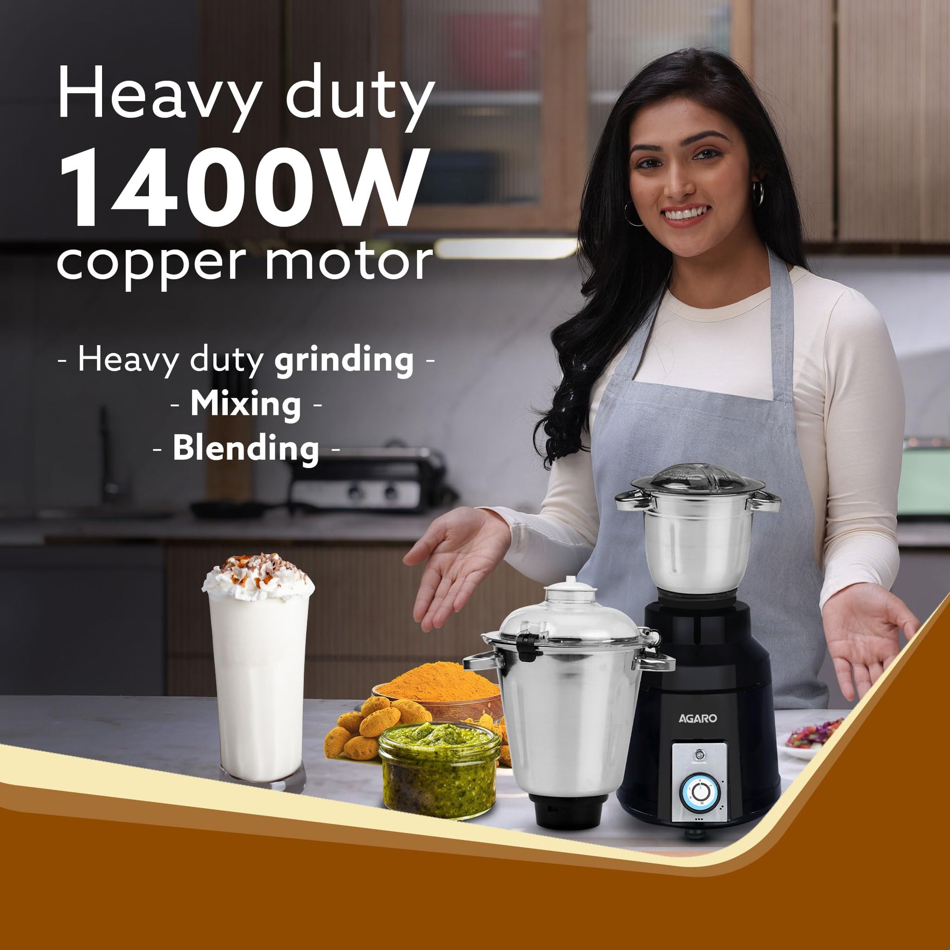 AGARO Grand Commercial Mixer Grinder 1400W, Heavy Duty, 100% Pure Copper Motor, Stainless Steel Jar, 3 Speed with Incher, Stainless Steel Blades, Wet & Dry Grinding, Black & Grey