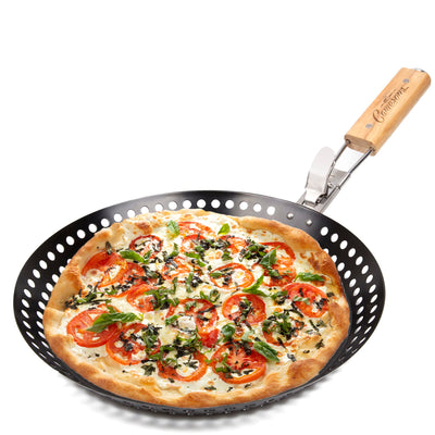 Camerons Products Non-Stick Pizza Grilling Pan with Holes, Extra High Walls & Removable Handle - Use for Vegetables, Seafood, Shish Kebab.