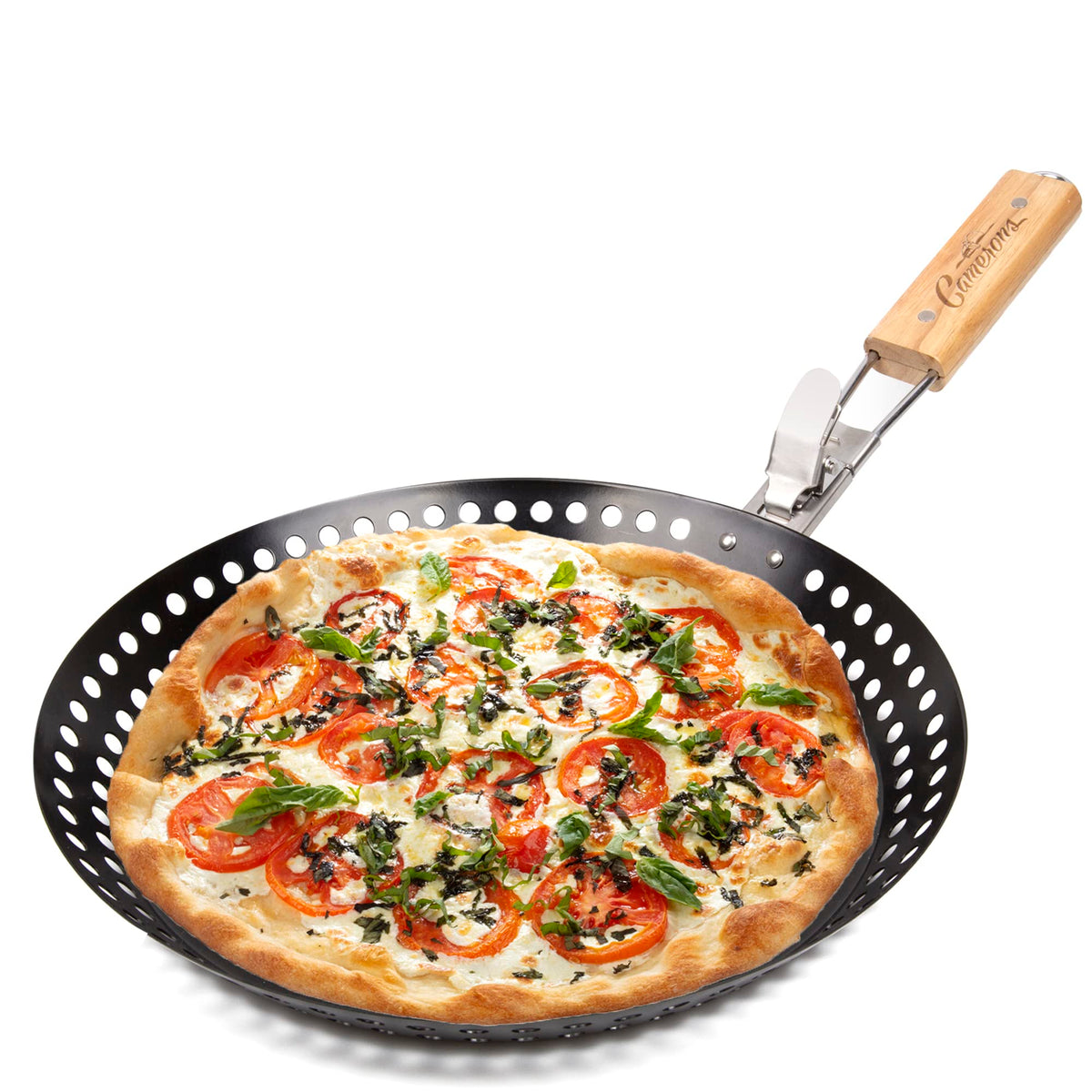 Camerons Products Non-Stick Pizza Grilling Pan with Holes, Extra High Walls & Removable Handle - Use for Vegetables, Seafood, Shish Kebab.
