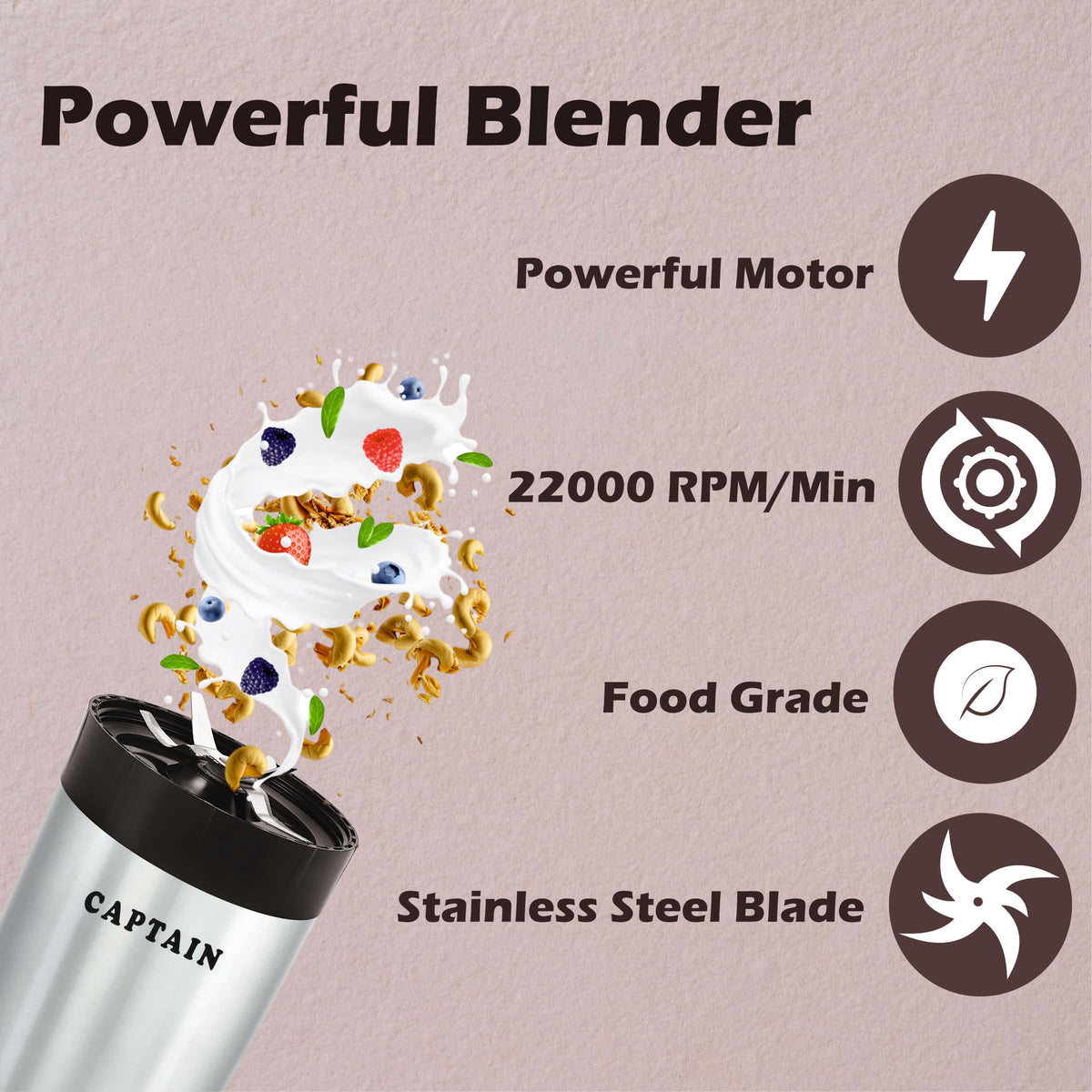 Captain Nutri Blender 500W - Copper (2 Jars & 2 Blades, Silver)