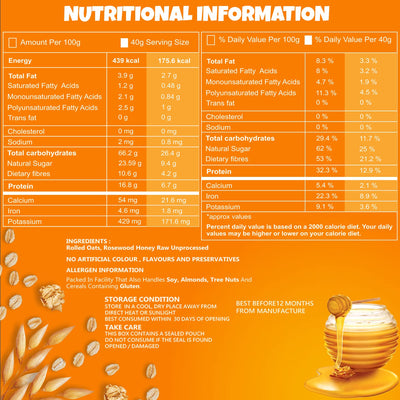 UNIFIT Honey Rolled Oats | Honey Oats | Healthy Breakfast | Rich Source of Protein & High Fiber Oats | Whole grain Oats | 400g | Pack of 1