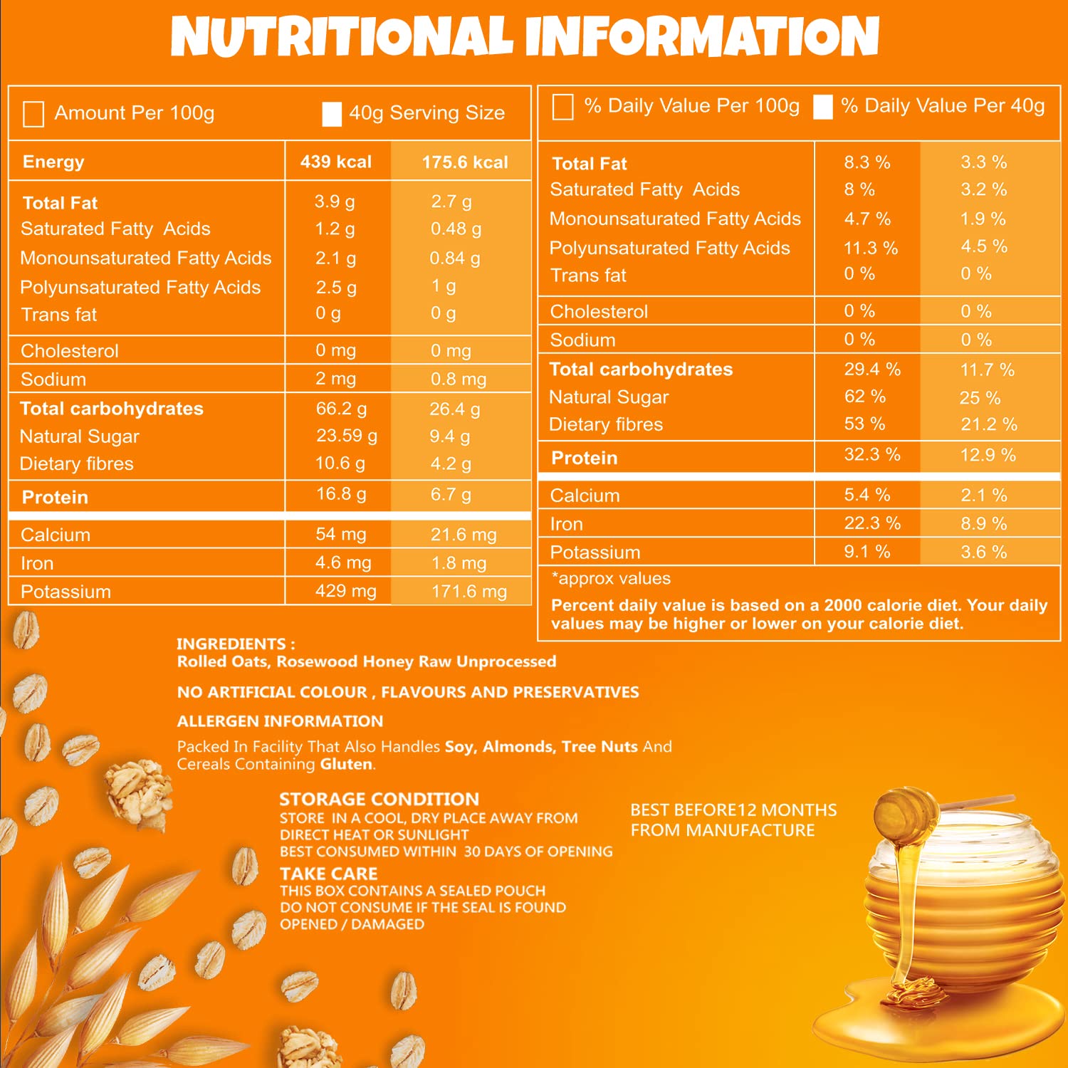UNIFIT Honey Rolled Oats | Honey Oats | Healthy Breakfast | Rich Source of Protein & High Fiber Oats | Whole grain Oats | 400g | Pack of 1