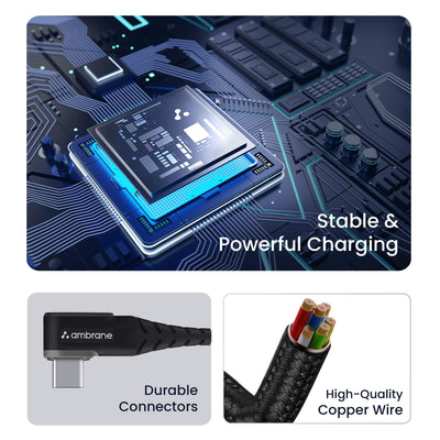 Ambrane Type C Mobile Charging Cable 3A Fast Charging, 1.5m L Shaped Braided Cable, 480Mbps Data Transfer for Smartphones, Tablet, Laptops & Other Type C Devices (ABLC10, Black) (Pack of 2)