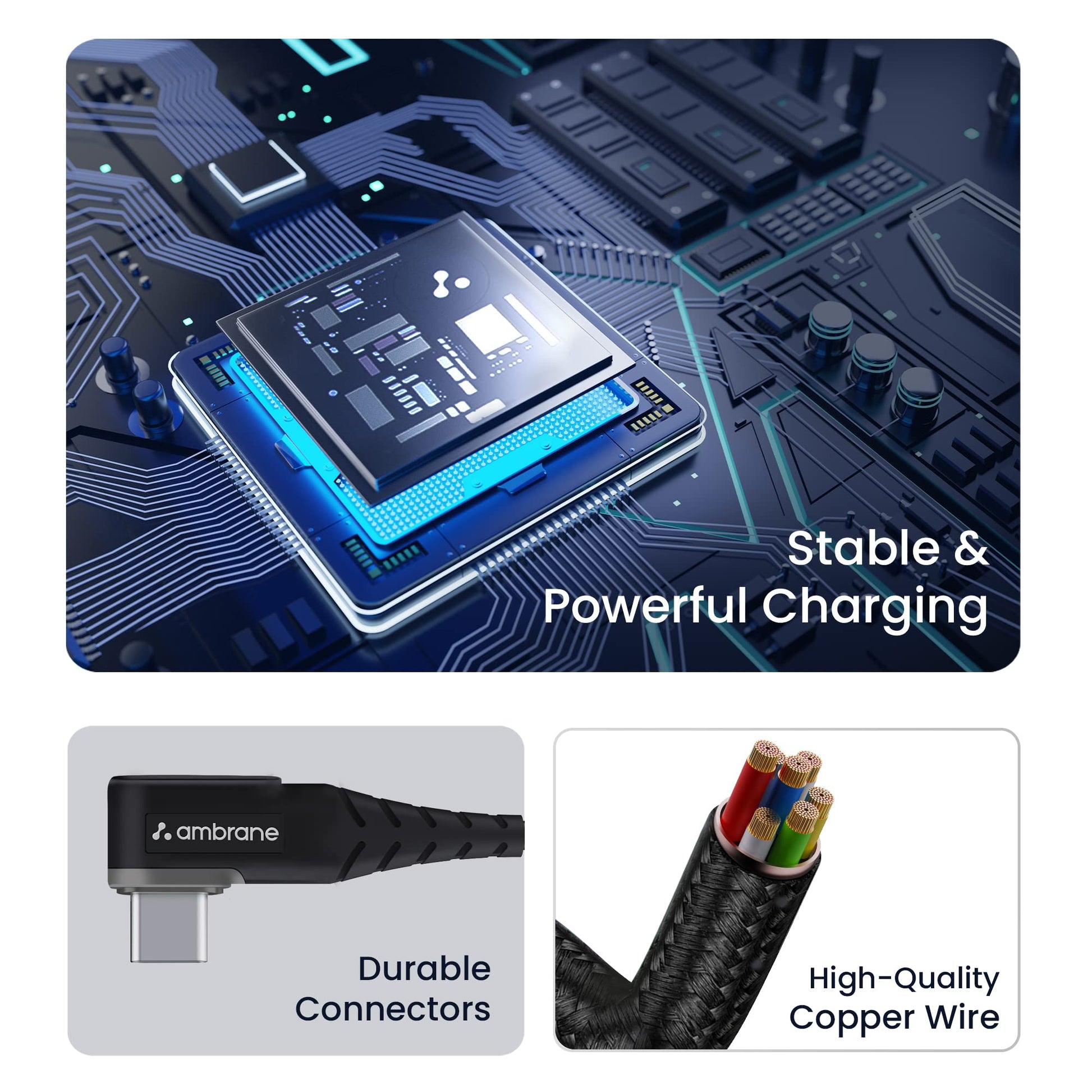 Ambrane Type C Mobile Charging Cable 3A Fast Charging, 1.5m L Shaped Braided Cable, 480Mbps Data Transfer for Smartphones, Tablet, Laptops & Other Type C Devices (ABLC10, Black) (Pack of 2)