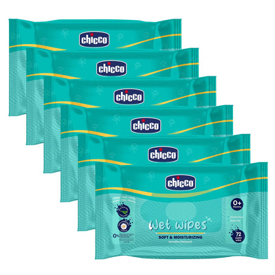 Chicco Soft Cleansing Wet Baby Wipes, Ideal for Nappy, Face and Hand, Dermatologically Tested, Paraben Free, Sticker Pack of 6 (72 Sheets per Pack) 432 pcs