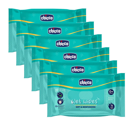 Chicco Soft Cleansing Wet Baby Wipes, Ideal for Nappy, Face and Hand, Dermatologically Tested, Paraben Free, Sticker Pack of 6 (72 Sheets per Pack) 432 pcs