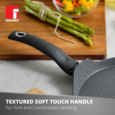 Bergner Orion NonStick 26 cm Tawa/ Dosa Pan, 100% Recyclable, For Low Oil Paratha/Dosa/Uttapam/Pancake/ Crepe/Eggs/Toasts, Textured Soft Touch Handle, Granite Finish, Induction & Gas ready, 1-Year Warranty