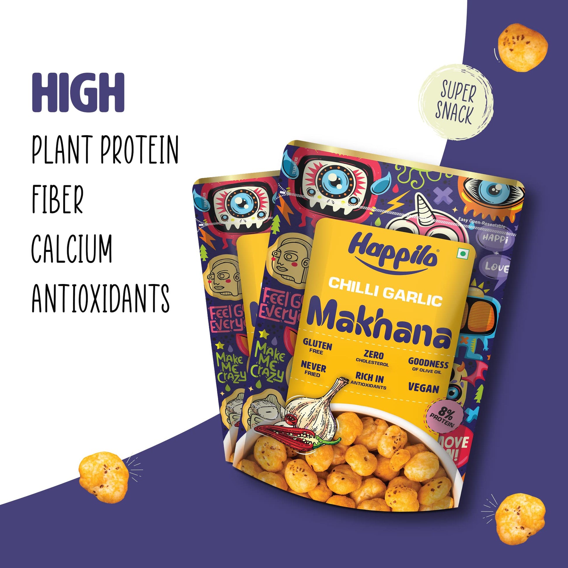 Happilo Premium Super Snack Makhana Chilli Garlic 60g (Pack Of 3), Roasted Foxnut Healthy Snack Low Calorie Gluten Free and Vegan