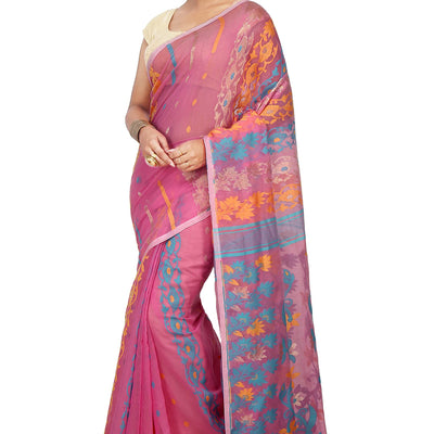BENGAL HANDLOOM Exclusive Women's Soft Dhakai Patta Jamdani Cotton Silk, Pink Sarees