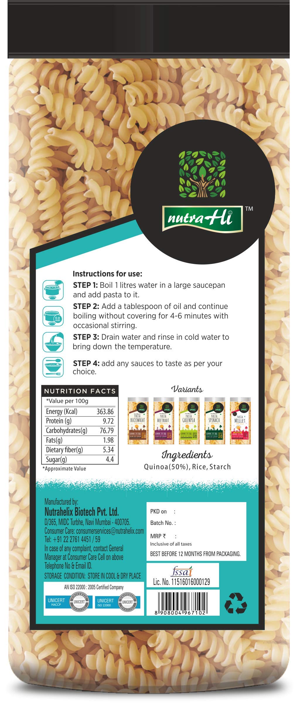 NutraHi Rich Quinoa Gluten Free Pasta + Greenpea Gluten Free Pasta 200g Each (Combo)