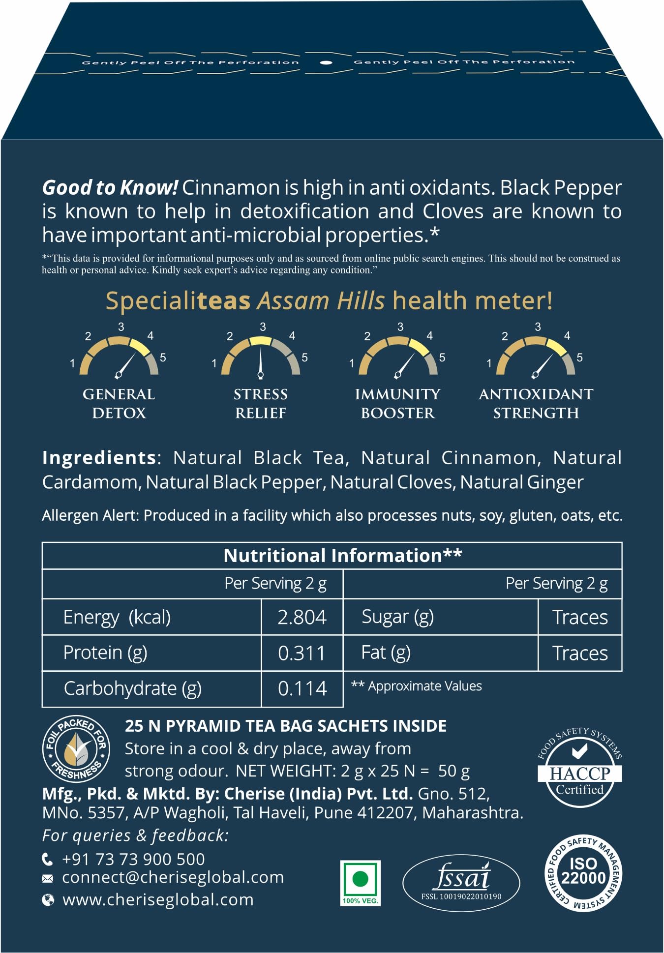 Cherise Specialiteas Assam Hills Cinnamon Black Pepper Cloves Ginger Herbal Black Tea (2 g x 25 Pyramid Tea Bags)