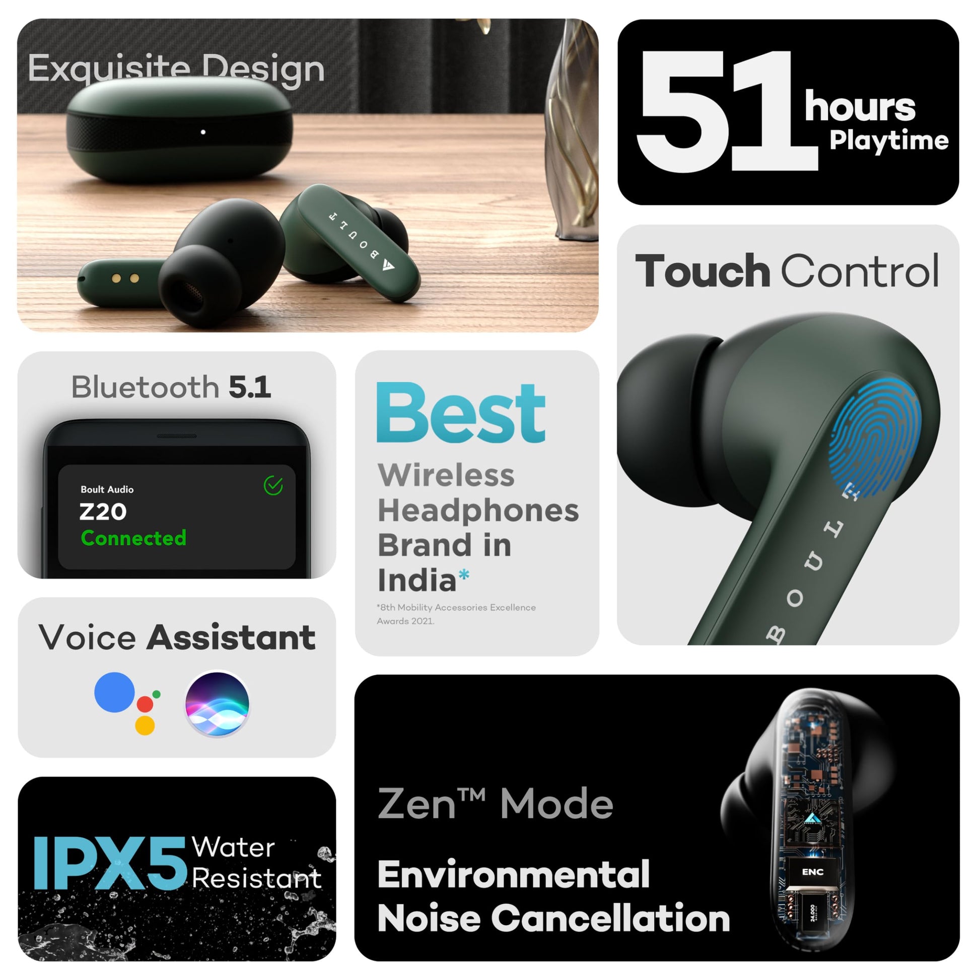 Boult Audio Z20 Truly Wireless in Ear Earbuds with 51H Playtime, Zen™ Clear Calling ENC Mic, Made in India, Low Latency Gaming, Rich Bass Drivers, IPX5, Voice Assistant, Bluetooth 5.3 Ear Buds (Black)