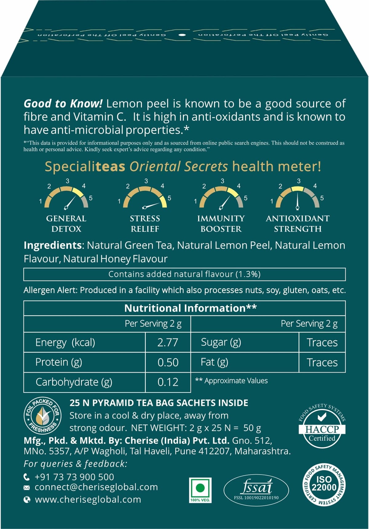 Cherise Specialiteas Oriental Secrets Honey Lemon Herbal Green Tea (2 g x 25 Pyramid Tea Bags)