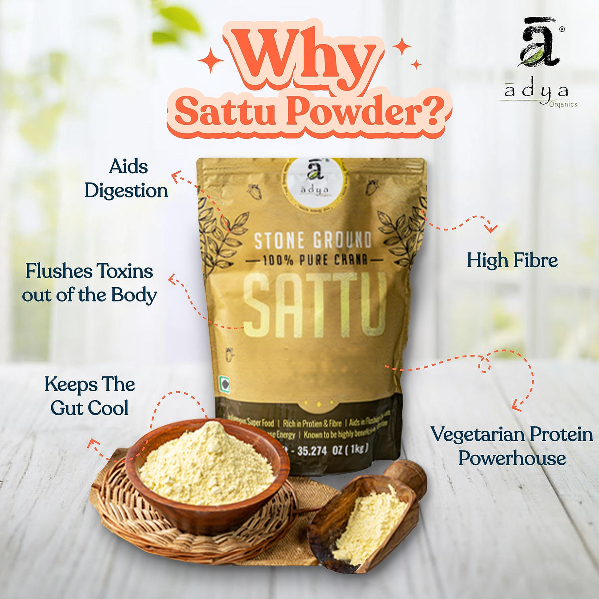 Adya Organics Sattu | 100% Pure & High-Protein Roasted Chana Powder | Chemical-Free & Natural | Perfect for Summer Drinks, Parathas, & Snacks | Healthy & Tasty | 2kg- (Pack of 2)